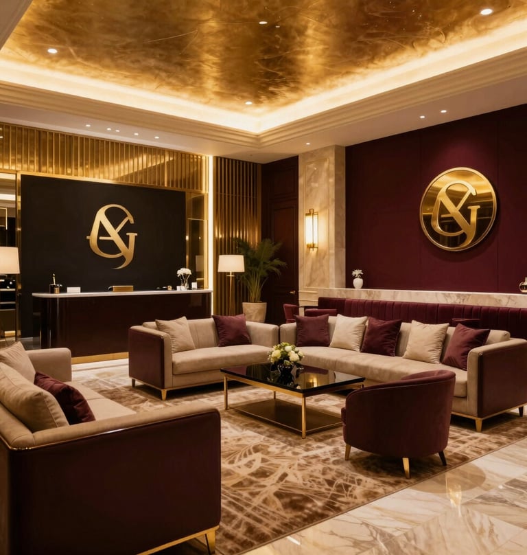 An elegant, high-class corporate celebration in a prestigious Gulf hotel lounge, with sleek branding display, sophisticated lounge seating, warm golden and deep burgundy ambient lighting, luxurious modern Middle Eastern decor.