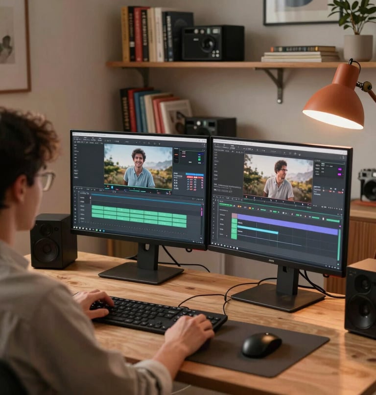 An over-the-shoulder shot of a person editing video on a dual-monitor setup in a stylish North American / US office. The room is filled with books and media equipment, lit by the warm glow of desk lamps. Palette features terracotta accents.