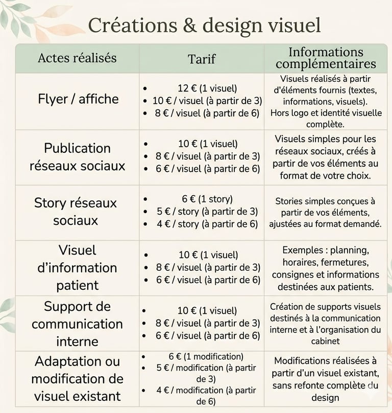 Tableau des tarifs pour créations et design visuel incluant flyers, réseaux sociaux et supports de communication.