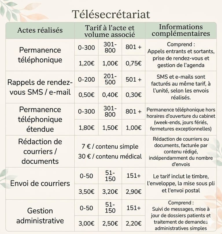 Tableau des tarifs de télésecrétariat pour permanence téléphonique, gestion administrative et envoi de courriers.