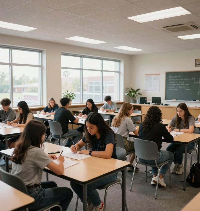 A wide-angle photograph of a bright, modern North American art classroom with large windows, students collaborating in small groups at tan desks, a clean and professional educational environment.