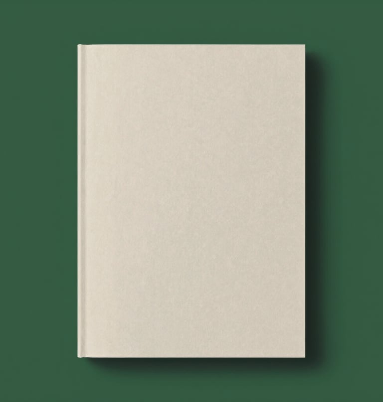 An artistic shot of a limited edition publication standing upright against a dark green #293B37 background. The cover is a light #AEC5BE. The lighting highlights the elegant texture of the material.