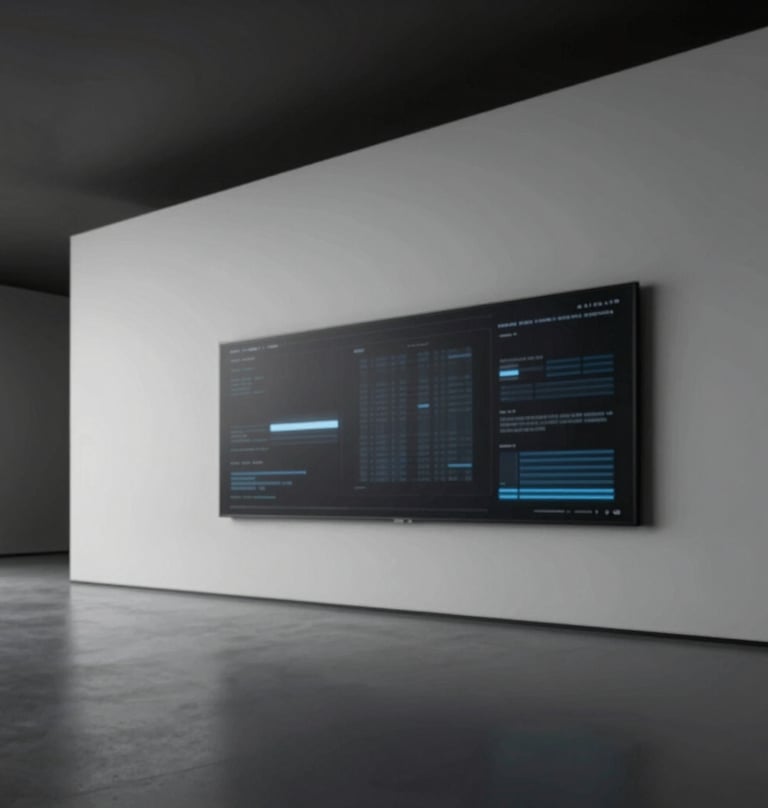 A wide, atmospheric shot of a modern architectural space with a digital display integrated into the wall. The style is minimalist and high-tech, using #1C2826 shadows and #F0F4F4 highlights to create depth.