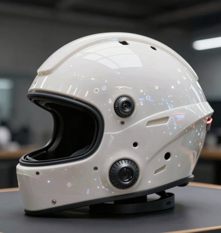 Side profile of a futuristic helmet design, showcasing sleek pearl white surfaces and charcoal slate mechanical parts, professional studio lighting in a North American / US facility.