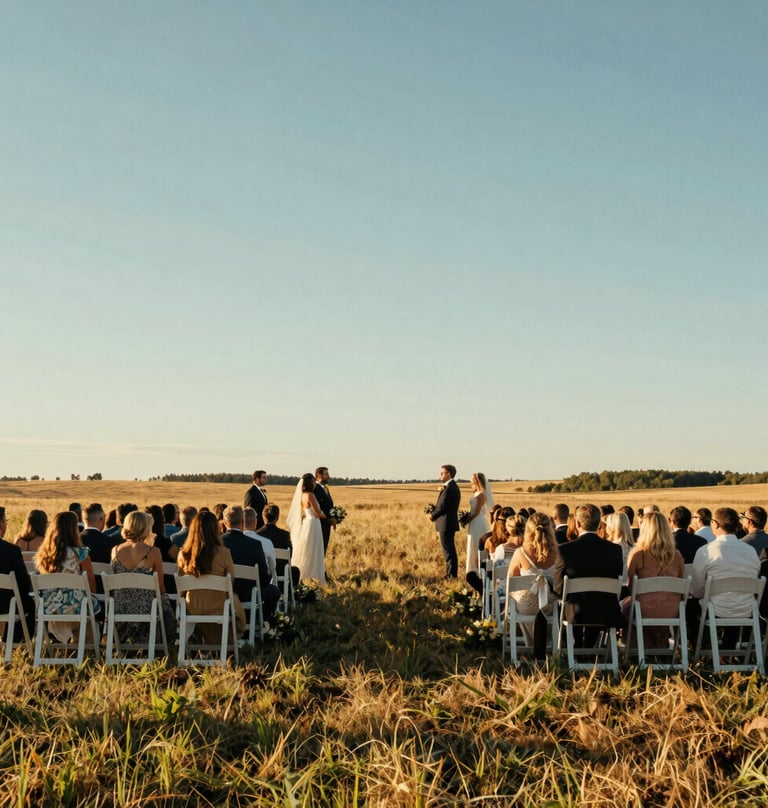 A wide cinematic shot of an outdoor North American / US wedding ceremony. Rows of guests are seated in a field, with a light blue sky and warm golden hour lighting casting long shadows.