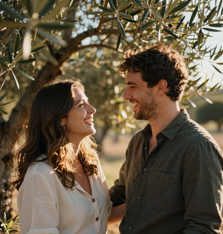 An authentic portrait of a couple sharing a warm, candid laugh under a leafy olive tree in Spain / Southern Europe. The golden sunlight filters through the leaves, creating dappled warm light patterns. Natural lifestyle photography capturing real connection.