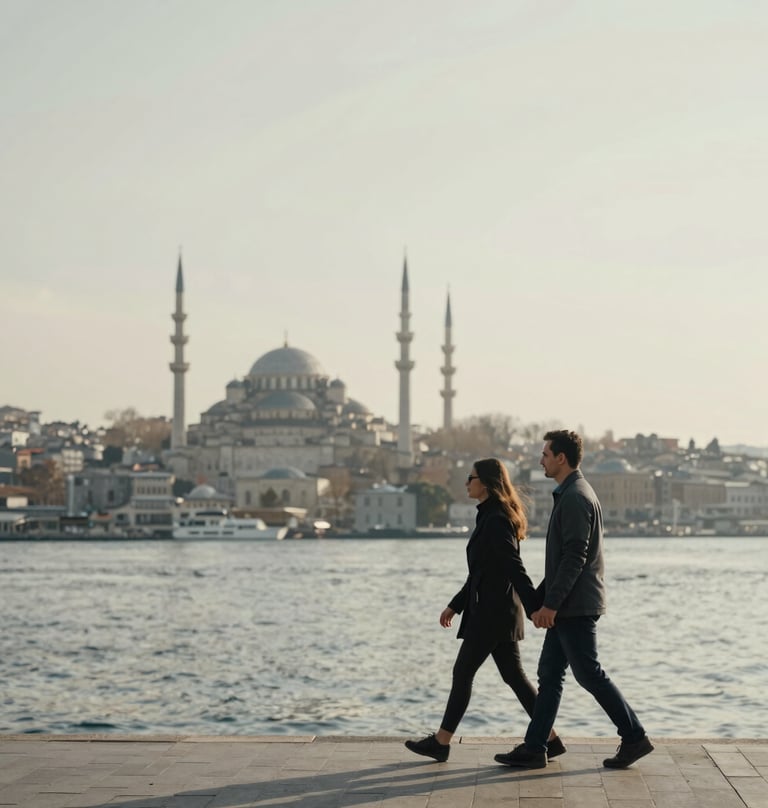 A modern couple walking along the Bosphorus in Istanbul during a 'Save the Date' session. The scene is bright with soft off-white and neutral medium gray tones. Minimalist and cinematic composition.