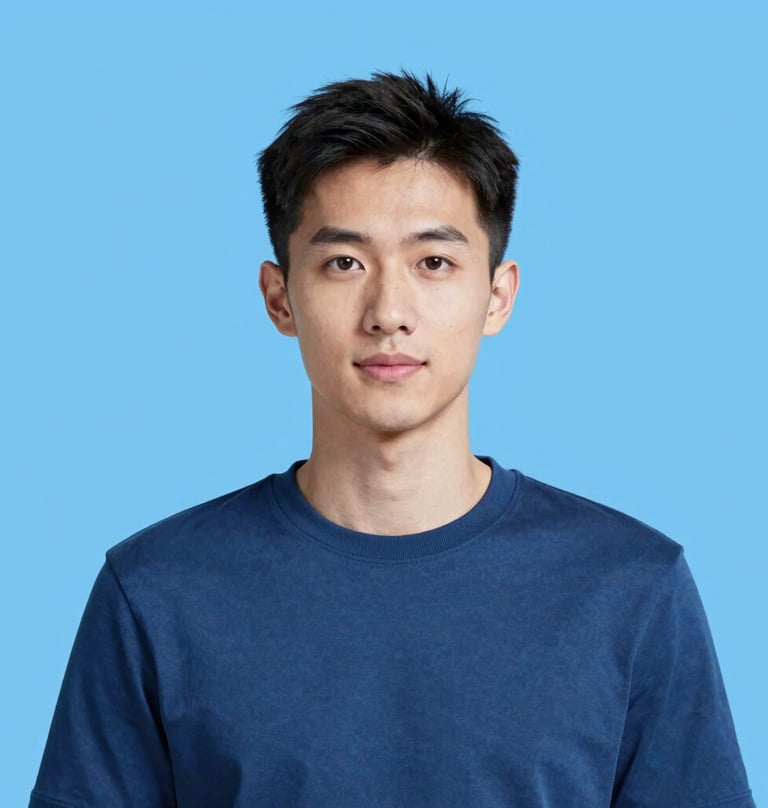 Sophisticated AI portrait with a minimalist backdrop in #E0FBFC, utilizing #3D5A80 for garment colors, conveying confidence and technology.