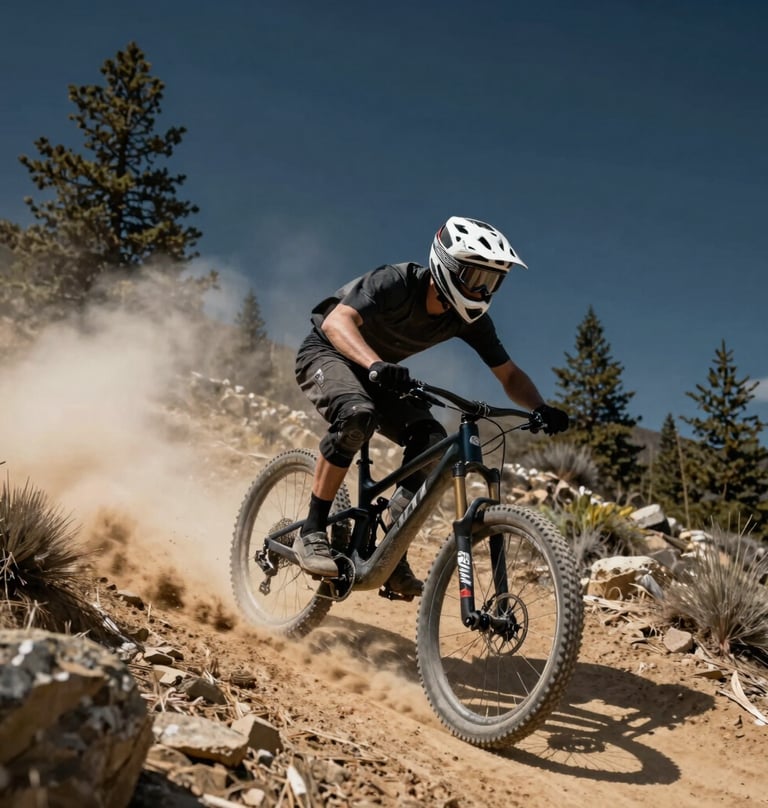 A mountain biker carving through a dusty trail, dynamic composition with a sense of extreme speed, Western / International forest setting, off-white dust clouds against a dark midnight blue sky.