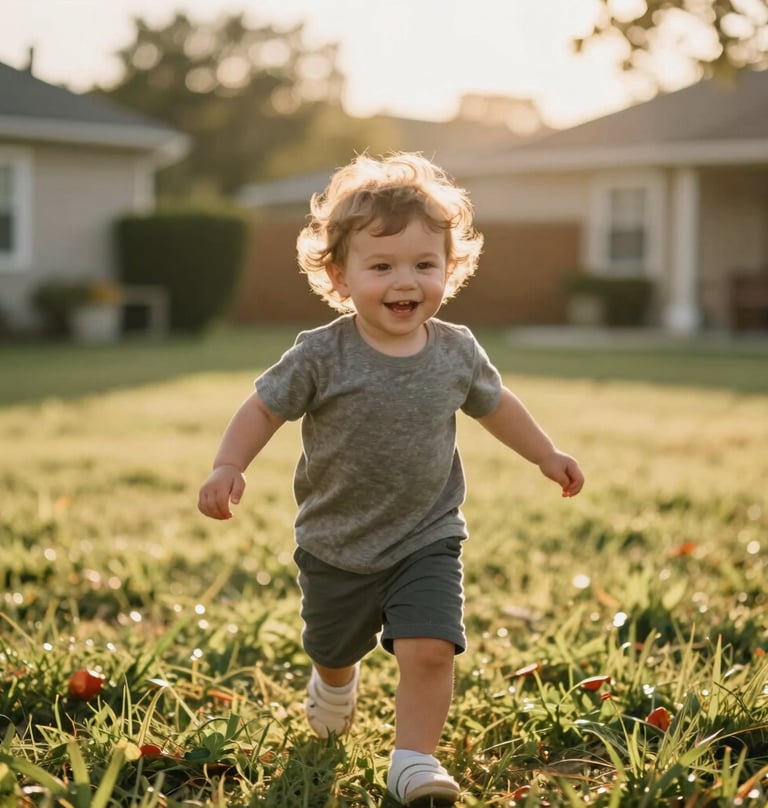 A joyful, candid shot of a toddler running through a sun-drenched backyard in a North American / US neighborhood. The lighting is golden hour, warm and cinematic. The background is softly blurred to focus on the child's authentic expression of happiness.