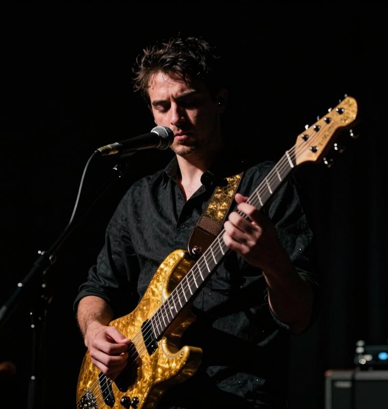 A dramatic, moody portrait of a musician in a North American performance space. High-contrast lighting with deep shadows in a chiaroscuro style. Tones of deep black and shimmering gold highlights on the instrument.