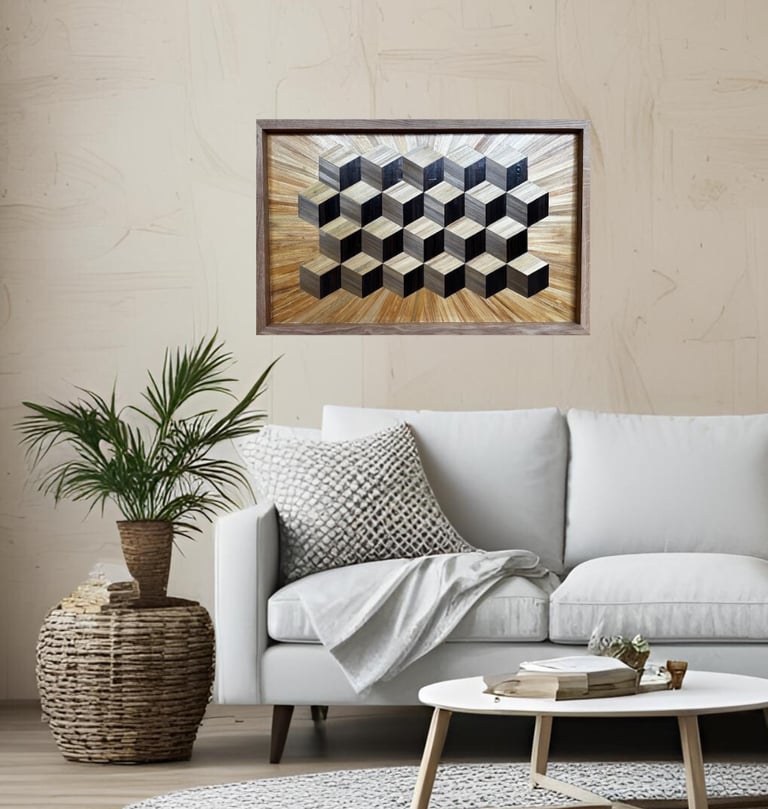 tableau en marqueterie de paille cubes d'oeben