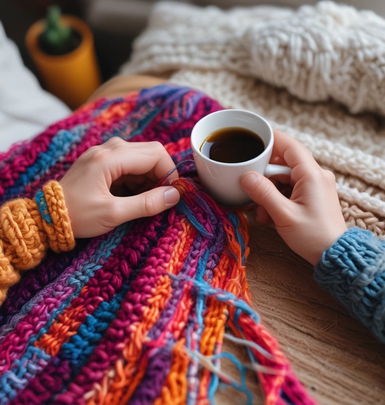 person with crochet project in lap and drinking coffee