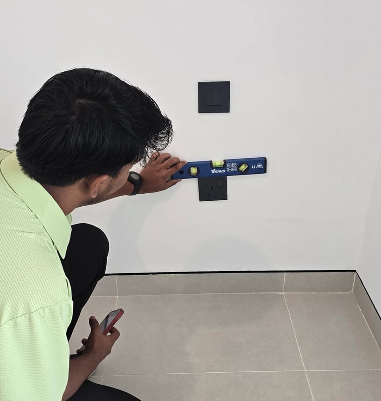 The Snag Master engineer checking levelling using spirit level tool