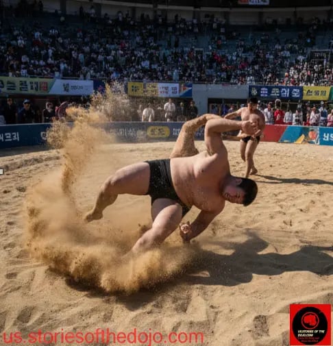 Ssireum: Korea’s ancient wrestling art captured mid-throw — sand flying, power unleashed, tradition 
