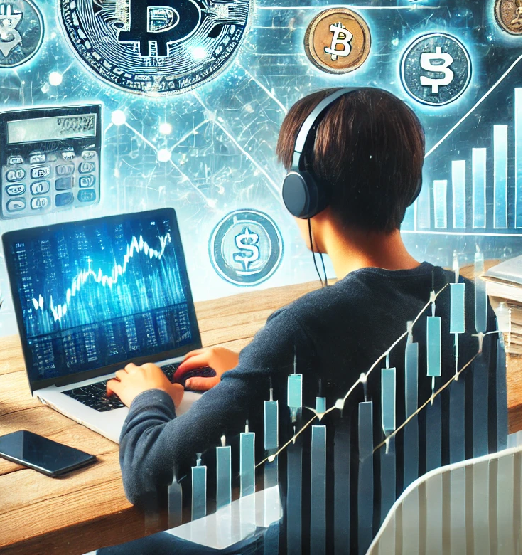 A student sits at a desk with multiple online finance courses displayed on a large screen.