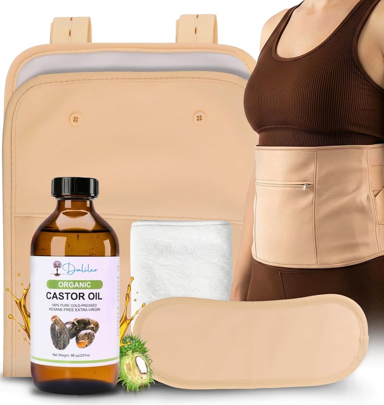 Organic castor oil pack kit with glass bottle, compress wrap, and neck pad for liver detox.