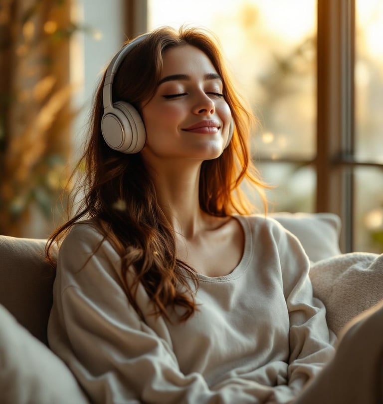 a woman with headphones on a couch