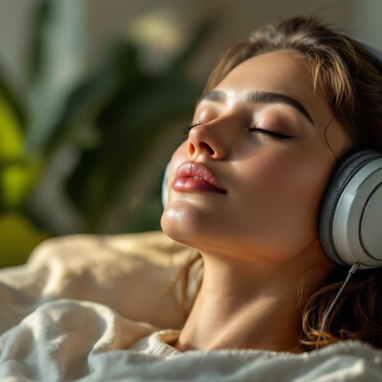 a woman with headphones on a couch