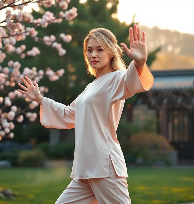a woman in a white shirt and pants is doing a taido