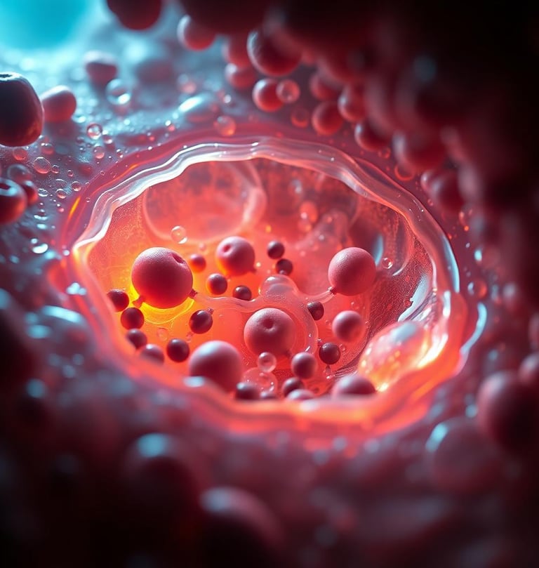 a close up of a red liquid filled with bubbles