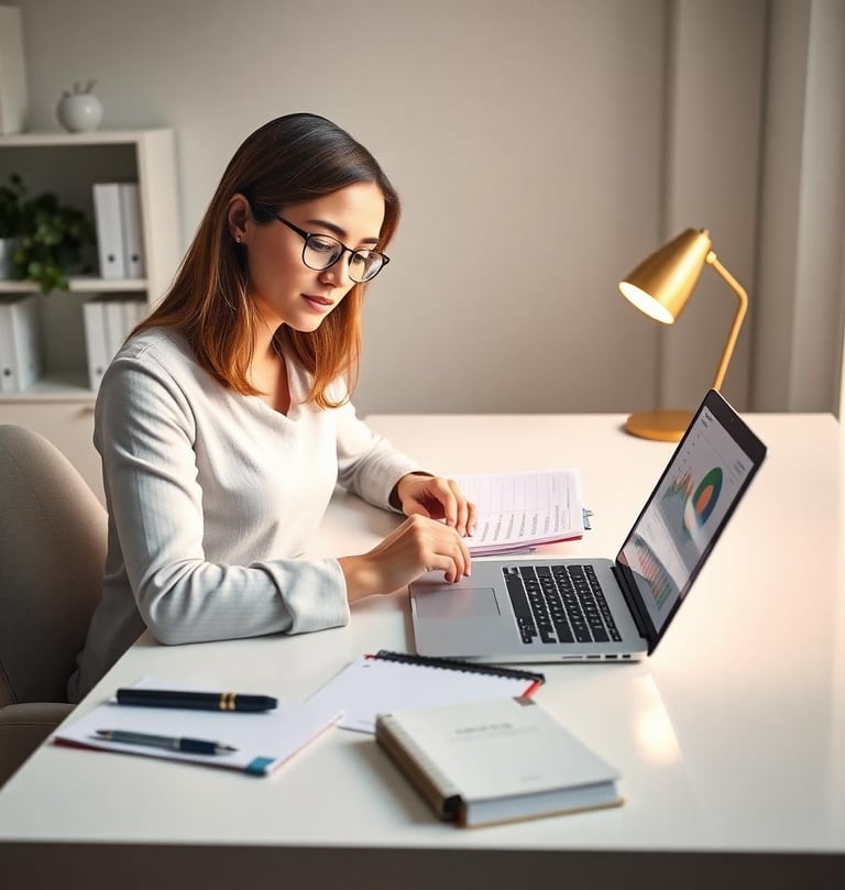 a woman sitting at a desk with a laptop and a notebook