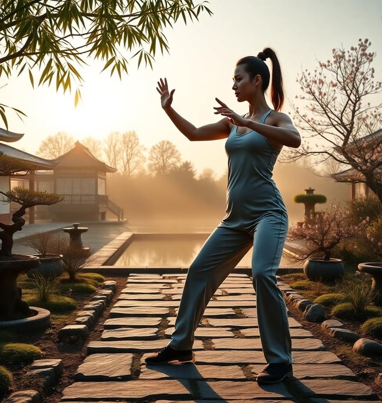a woman in a blue jumpsuit doing a yoga pose