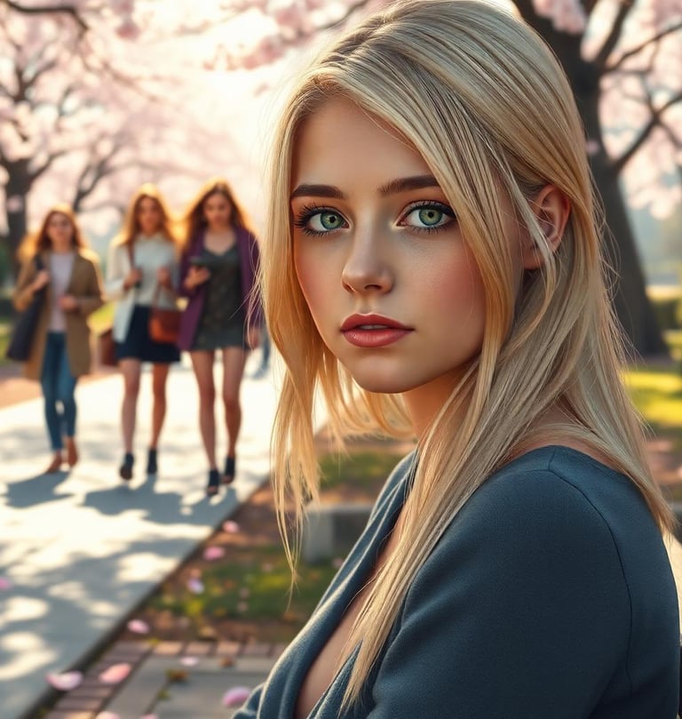 a woman with blonde hair and green eyes