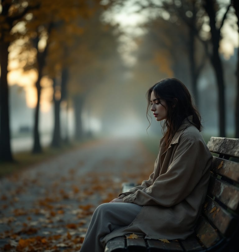 a woman sitting on a bench in a park