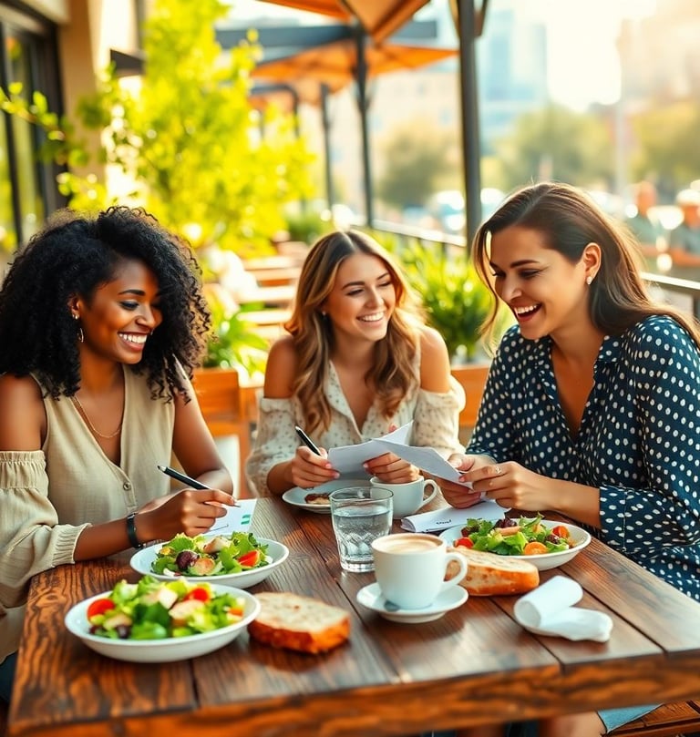 women friends sharing notes over lunch