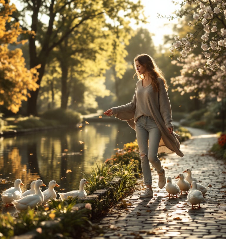 a woman walking down a path with ducks and ducks