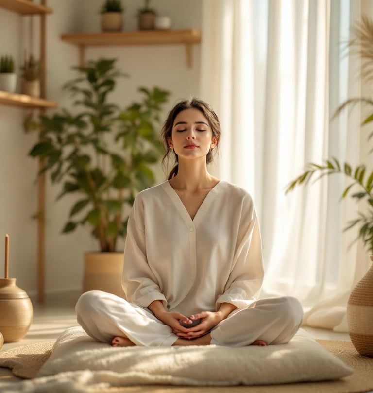 a woman sitting on a rug in a room