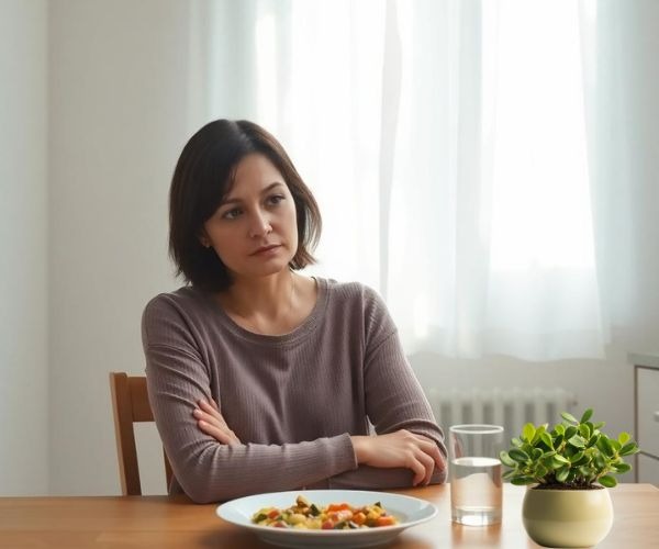 a woman sitting at a table with a plate of food
