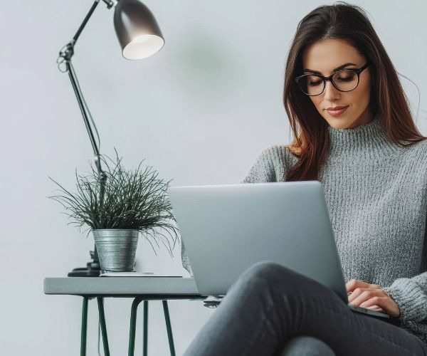 woman on computer in a cozy nook