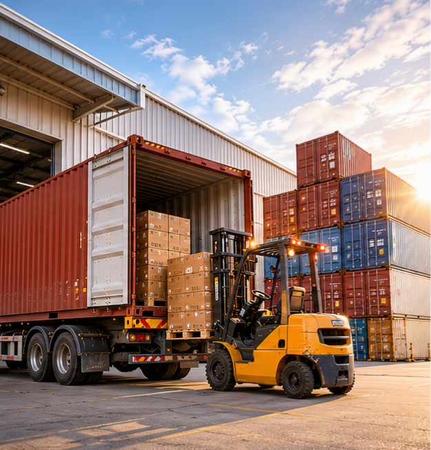 Forklift loading export cargo into a shipping container