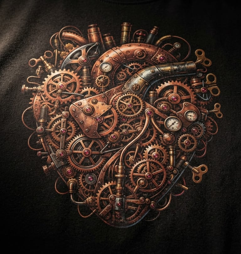 Macro shot of a steampunk heart illustration on a premium black t-shirt, intricate copper gears and brass valves visible, chiaroscuro lighting, deep shadows, right side of a dark studio.