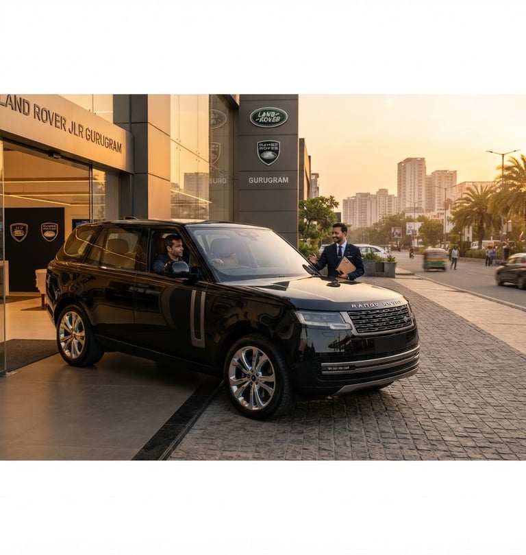 Wide panoramic shot of a gleaming new black SUV being carefully driven out of a luxury car showroom in Gurugram, golden hour light reflecting off its polished surface, pristine condition, sharp details, low angle, 85mm lens