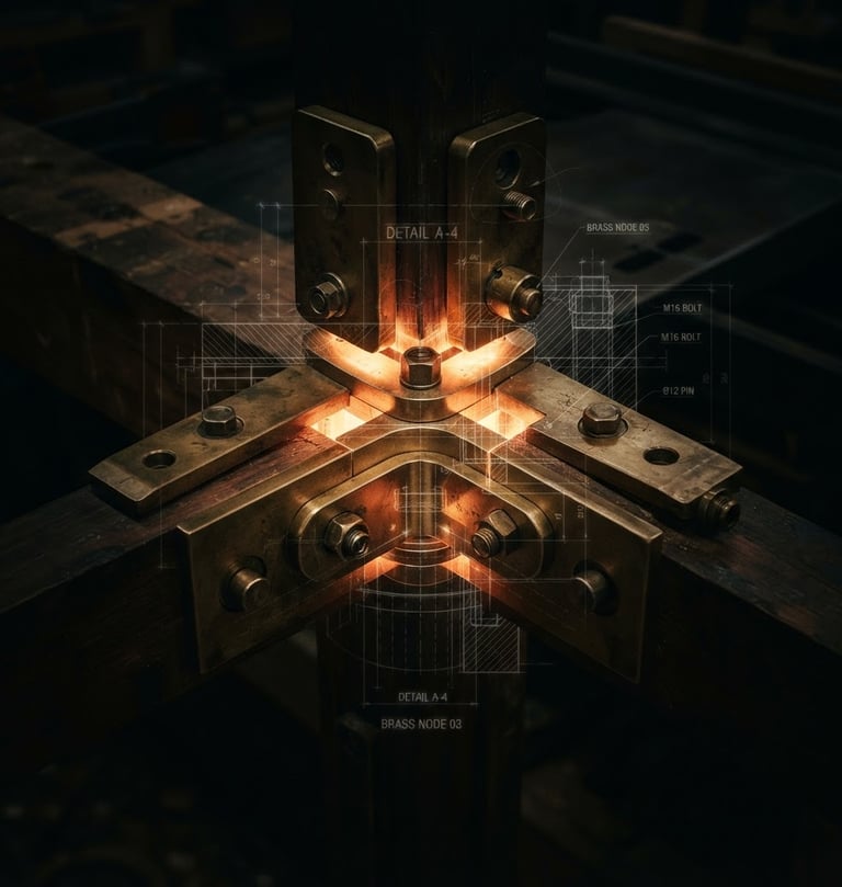 Close-up of a hand-milled brass joint, glowing warmly from within, with a faint technical blueprint overlay, dramatic architectural photography, low-key ambient lighting, high contrast, deep shadows, medium format