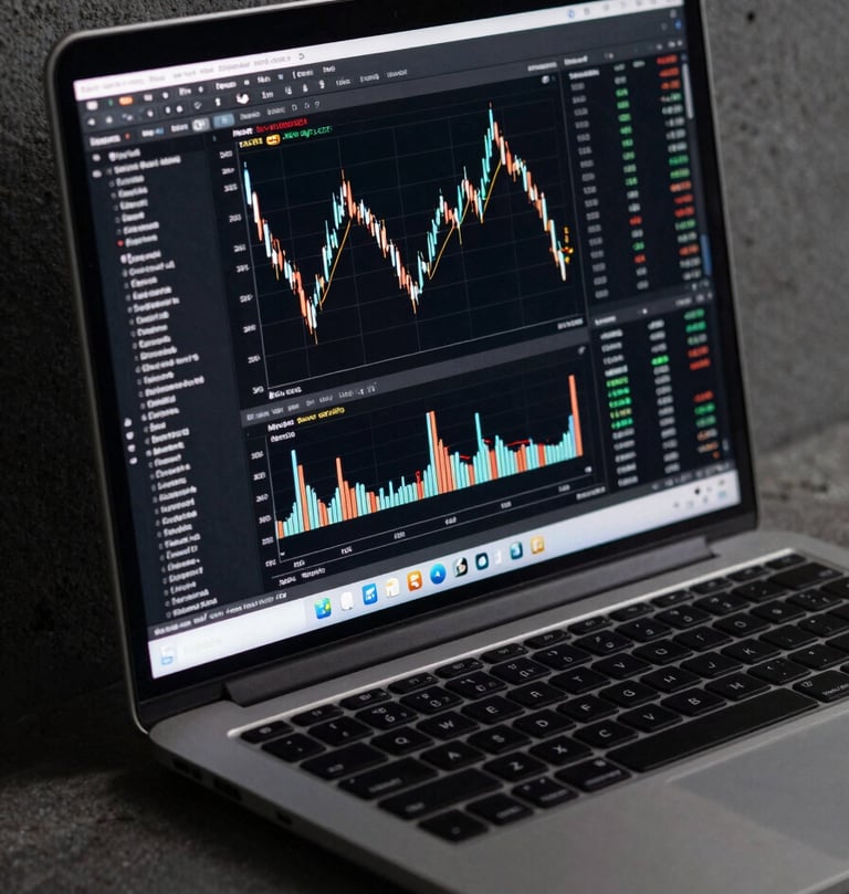 Close-up of a high-end dark metallic laptop screen displaying clean financial charts and code, dramatic side lighting, dark concrete background