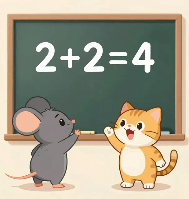 video of a mouse teaching a cat math in an animated cartoon style.