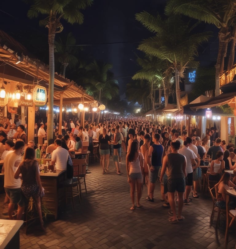 A brightly lit street scene featuring oversized neon signs and lively crowds.