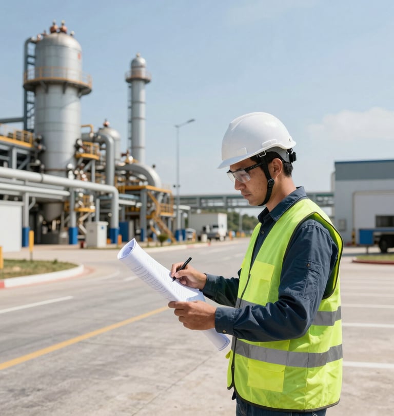 Wide environmental shot of an active industrial site in Brazil, technical supervisor wearing proper PPE, white helmet and safety vest, looking over blueprints, bright natural daylight, high contrast
