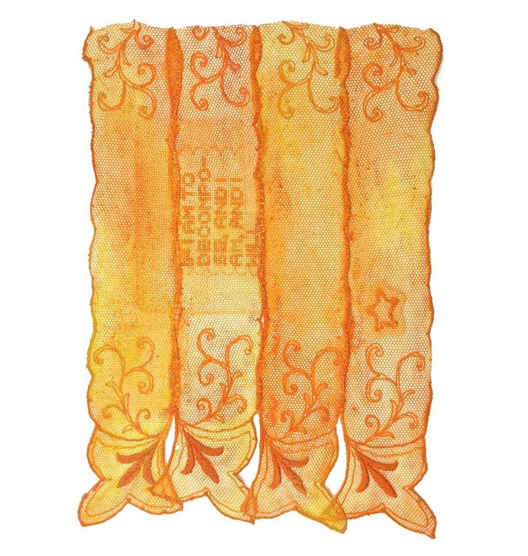 Textile collage of orange lace and cross stitched text, If I am to Decompose, and I am, and I Will.