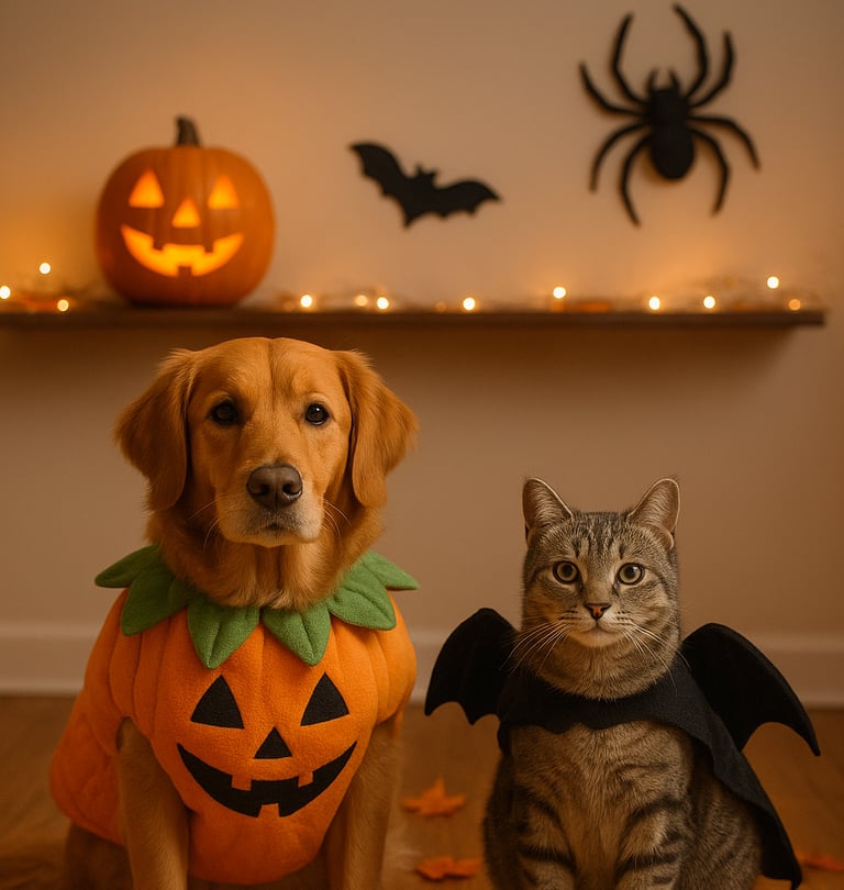 Dog and cat near safe Halloween decorations at home in Burlington.