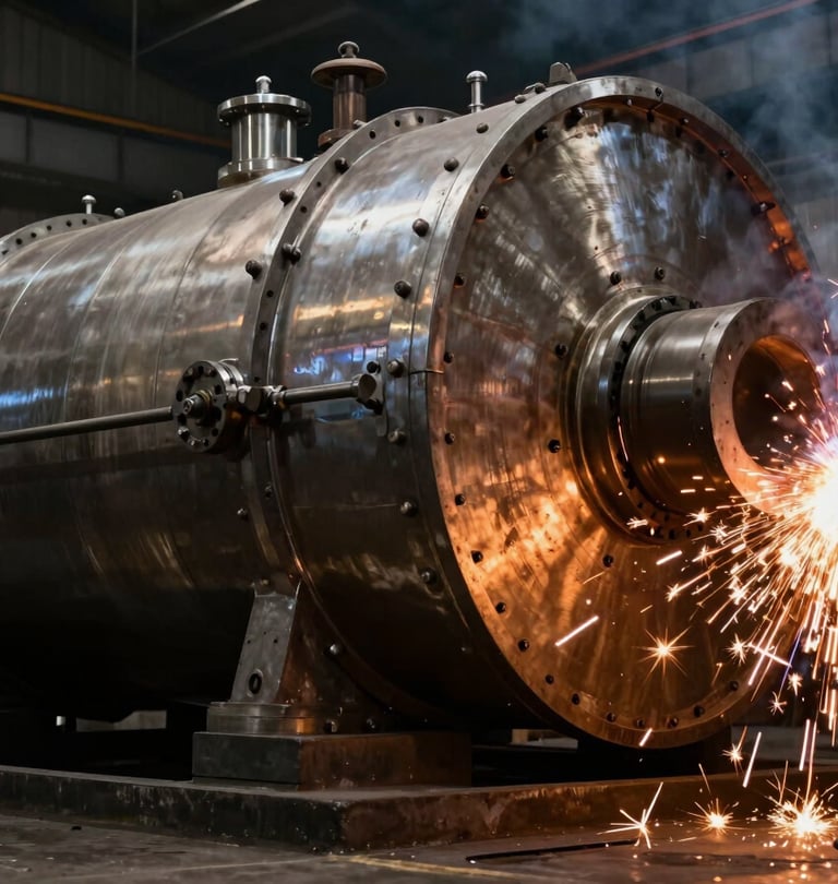 Low-angle heroic shot of a massive steel fire-tube boiler shell in mid-assembly inside a dark industrial workshop, sparks flying from welding torch on the right, high-contrast amber lighting.