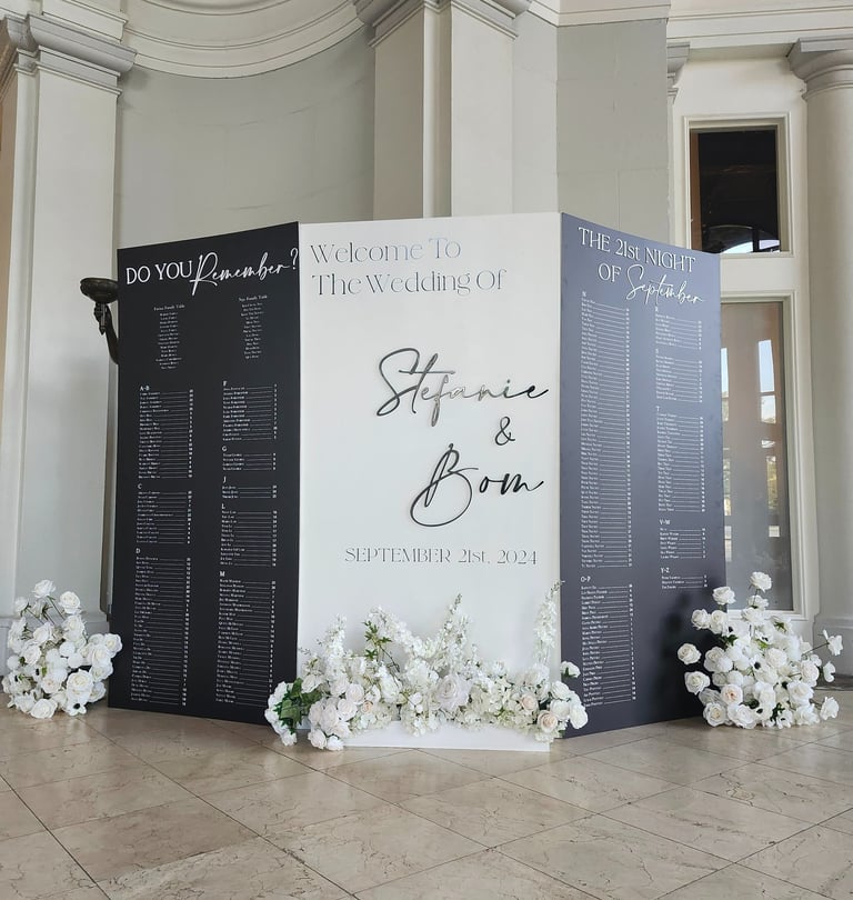 Large modern wedding seating chart display with three-panel black and white welcome sign, custom gue