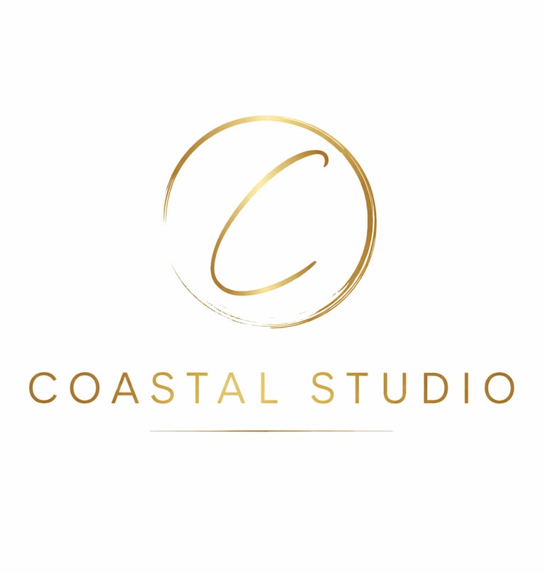 Elegant gold Coastal Studio logo with a cursive letter C inside a brushstroke circle.
