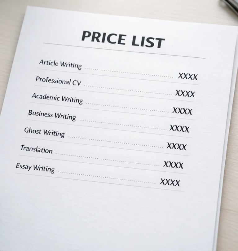 Professional freelance writing price list featuring article, CV, academic, and business writing services.