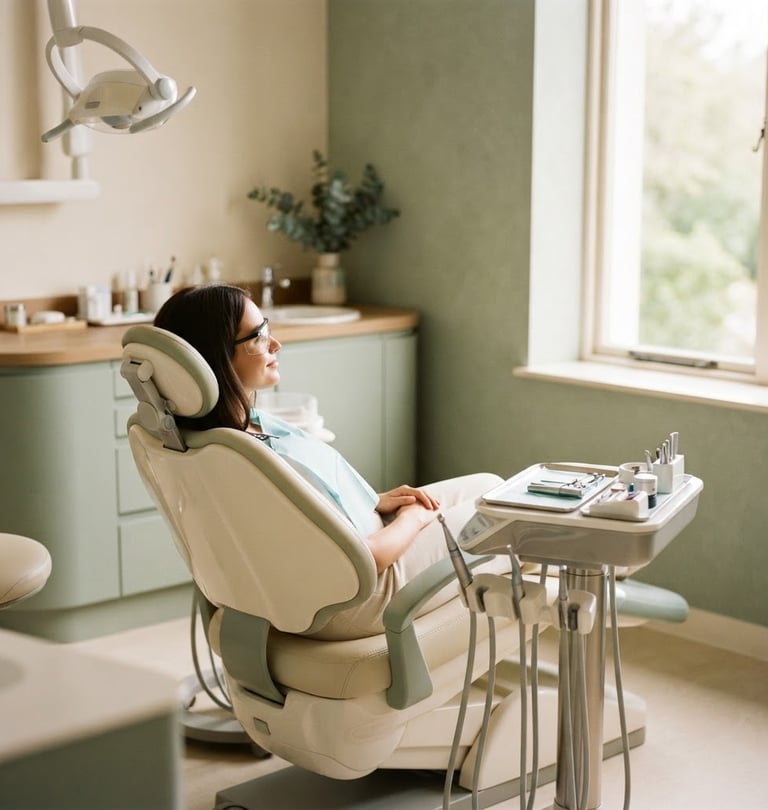 Bright and clean modern dental clinic interior, with soft sage green and warm cream tones, a comfortable patient chair visible, soft natural daylight, shallow depth of field, 35mm