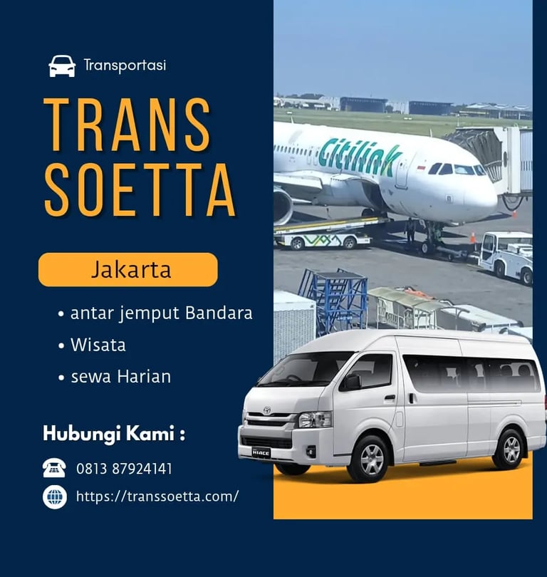 Brosur rental Trans Soetta, dengan background warna biru tua, pesawat Citilink dan Hiace silver.
